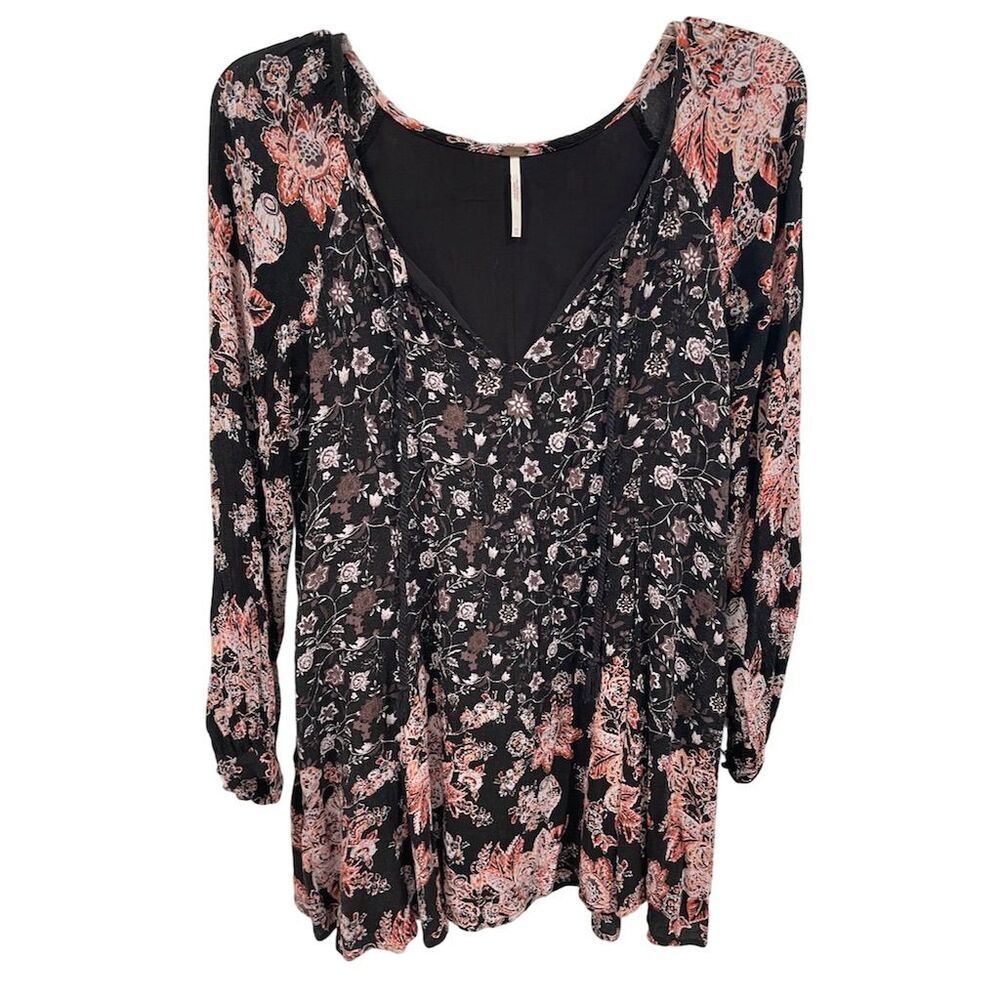 Free People XS Black Floral Boho Swing Long Sleeve Blouse Tunic Top